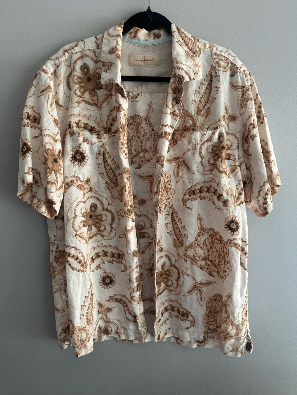 Tommy Bahama Cream Short-Sleeve Shirt with Brown Floral Print